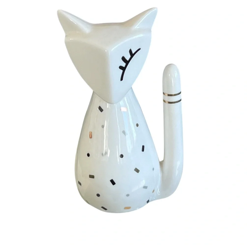 Cat Ring Holder Jewelry Organizer Ceramic Figurine White Metallic Speckle Fleck